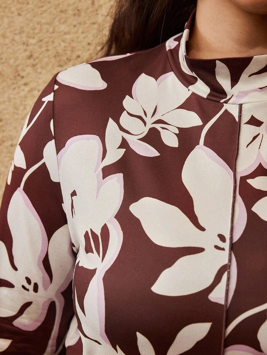 PREMIUM PLUS SIZE STAND COLLAR FLORAL PRINT LONG SLEEVE TSHIRT