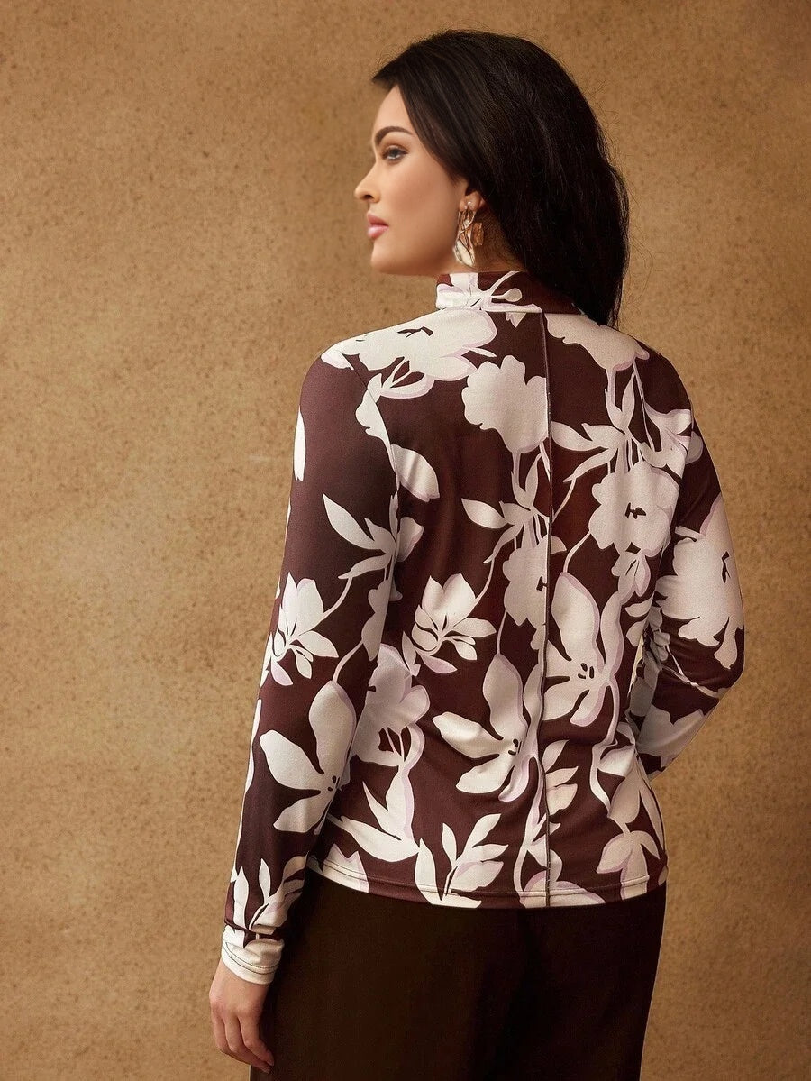 PREMIUM PLUS SIZE STAND COLLAR FLORAL PRINT LONG SLEEVE TSHIRT