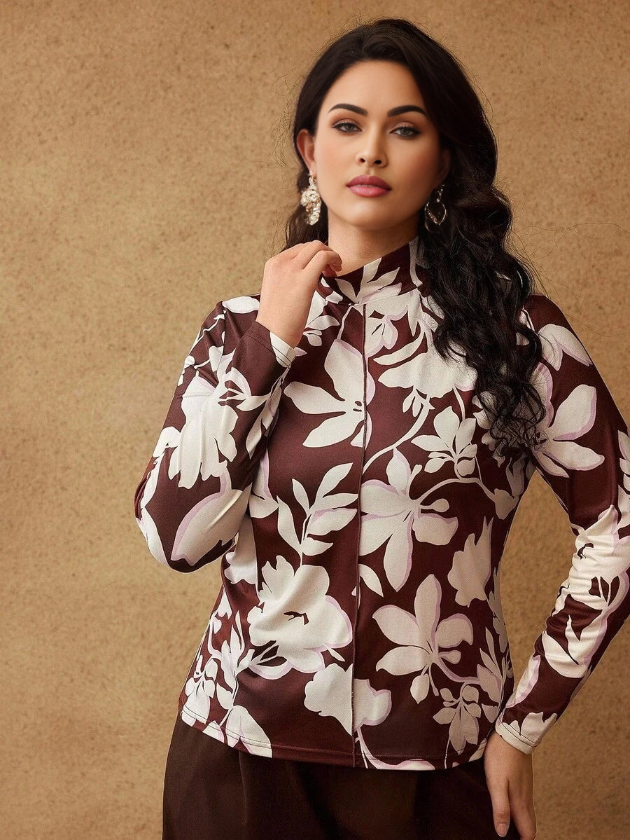 PREMIUM PLUS SIZE STAND COLLAR FLORAL PRINT LONG SLEEVE TSHIRT