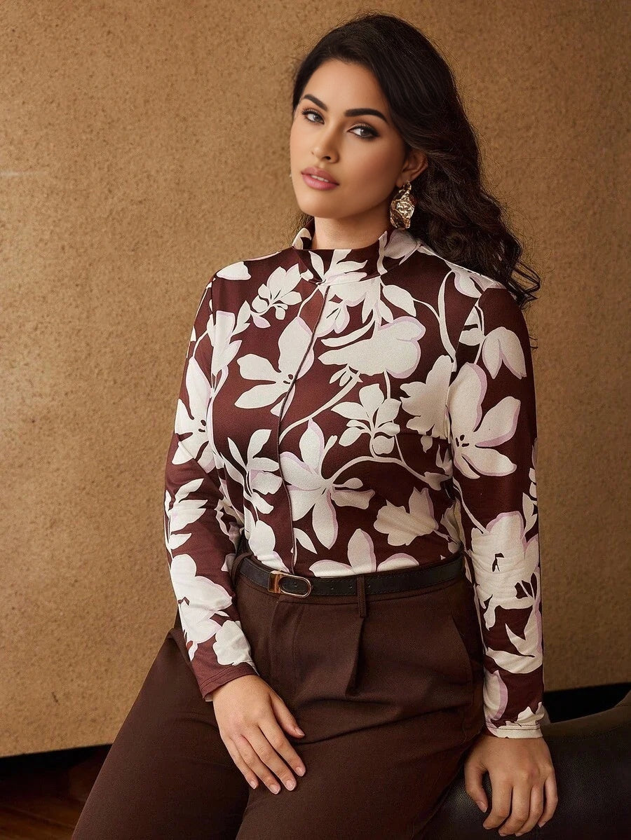 PREMIUM PLUS SIZE STAND COLLAR FLORAL PRINT LONG SLEEVE TSHIRT