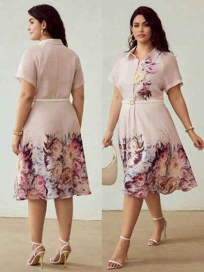 PREMIUM PLUS SIZE WOMENS POSITIONED PRINT SHIRT COLLAR TENCEL BLEND MIDLENGTH DRESS WITH BELT