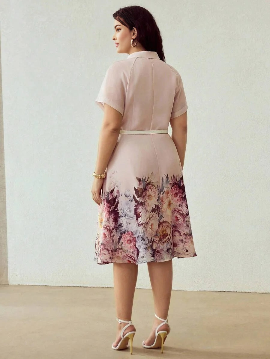 PREMIUM PLUS SIZE WOMENS POSITIONED PRINT SHIRT COLLAR TENCEL BLEND MIDLENGTH DRESS WITH BELT