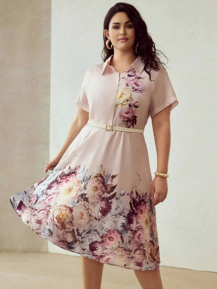 PREMIUM PLUS SIZE WOMENS POSITIONED PRINT SHIRT COLLAR TENCEL BLEND MIDLENGTH DRESS WITH BELT