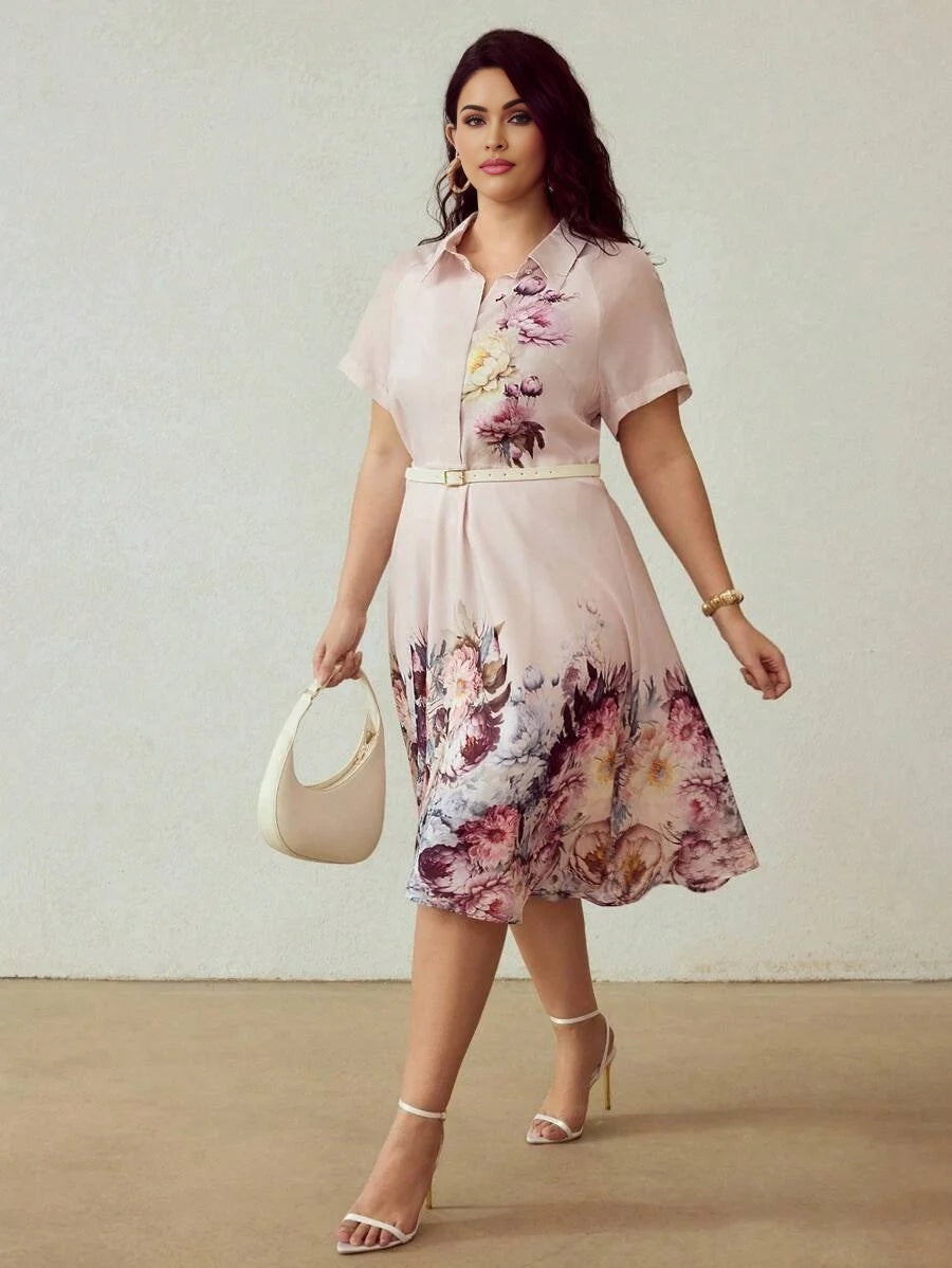 PREMIUM PLUS SIZE WOMENS POSITIONED PRINT SHIRT COLLAR TENCEL BLEND MIDLENGTH DRESS WITH BELT