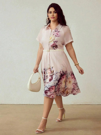 PREMIUM PLUS SIZE WOMENS POSITIONED PRINT SHIRT COLLAR TENCEL BLEND MIDLENGTH DRESS WITH BELT