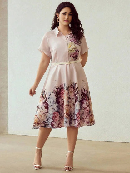PREMIUM PLUS SIZE WOMENS POSITIONED PRINT SHIRT COLLAR TENCEL BLEND MIDLENGTH DRESS WITH BELT