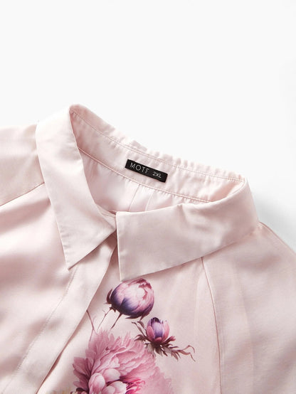 PREMIUM PLUS SIZE WOMENS POSITIONED PRINT SHIRT COLLAR TENCEL BLEND MIDLENGTH DRESS WITH BELT