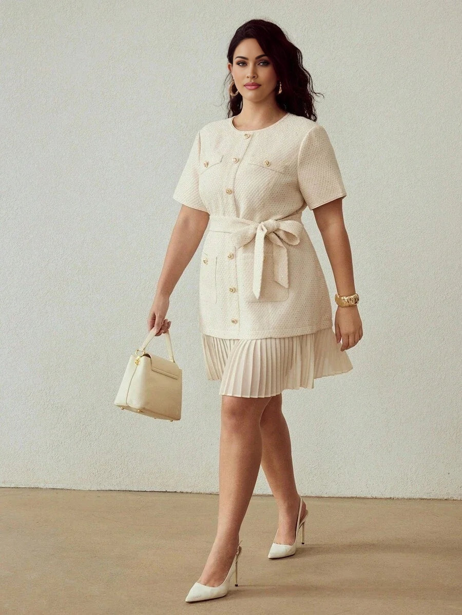 PREMIUM PLUS TWEED PLEATED HEM DRESS