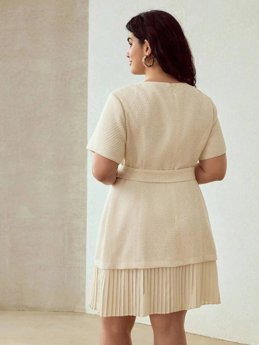 PREMIUM PLUS TWEED PLEATED HEM DRESS
