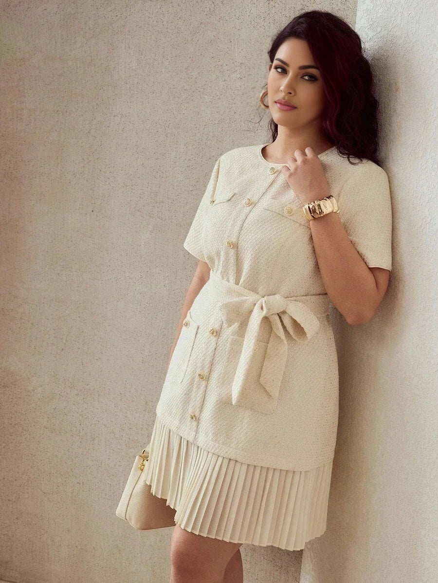 PREMIUM PLUS TWEED PLEATED HEM DRESS
