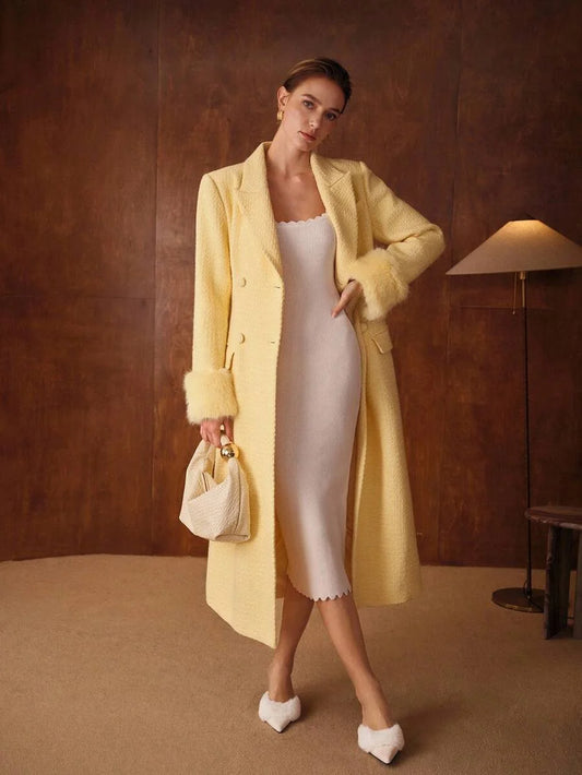 PREMIUM PLUSH SLEEVE PATCHWORK LONG WOOL BLEND OVERCOAT AUTUMNWINTER