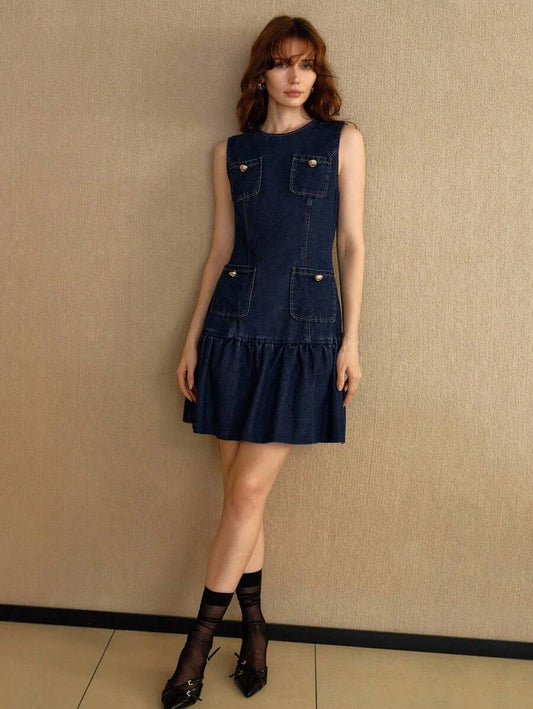PREMIUM POCKET A LINE DENIM DRESS