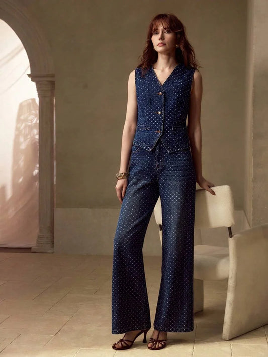 PREMIUM POLKA DOT PRINT BUTTON UP WAISTCOAT amp JEANS DENIM SET