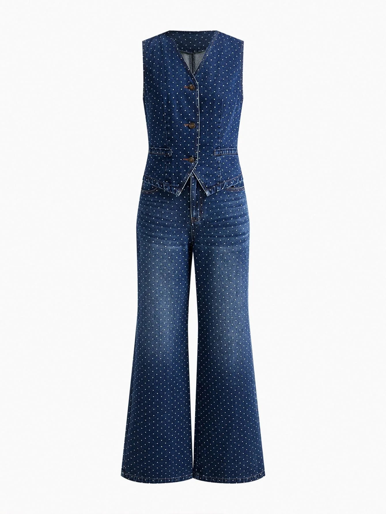 PREMIUM POLKA DOT PRINT BUTTON UP WAISTCOAT amp JEANS DENIM SET