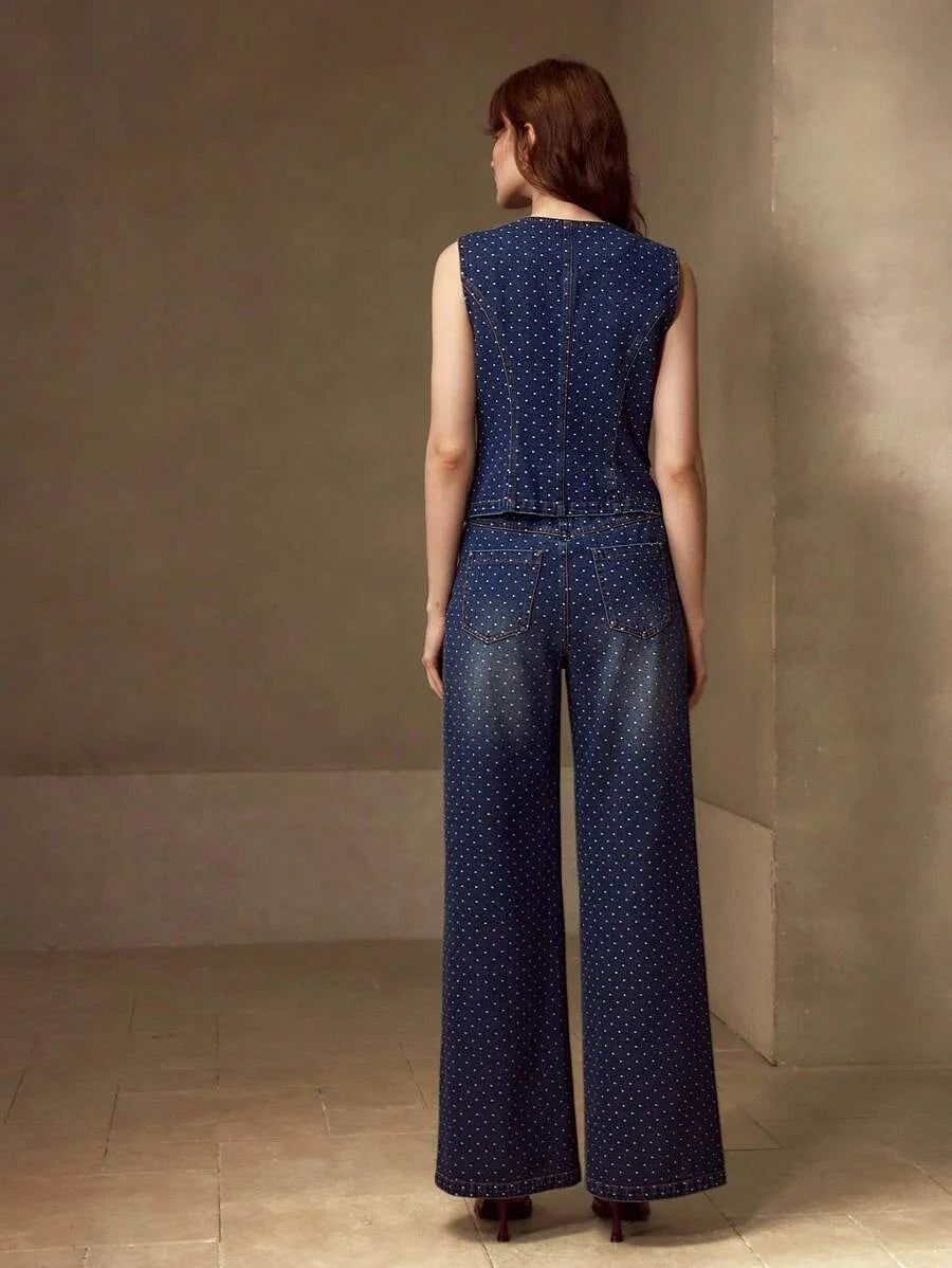 PREMIUM POLKA DOT PRINT BUTTON UP WAISTCOAT amp JEANS DENIM SET