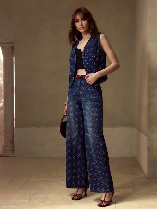 PREMIUM POLKA DOT PRINT BUTTON UP WAISTCOAT amp JEANS DENIM SET