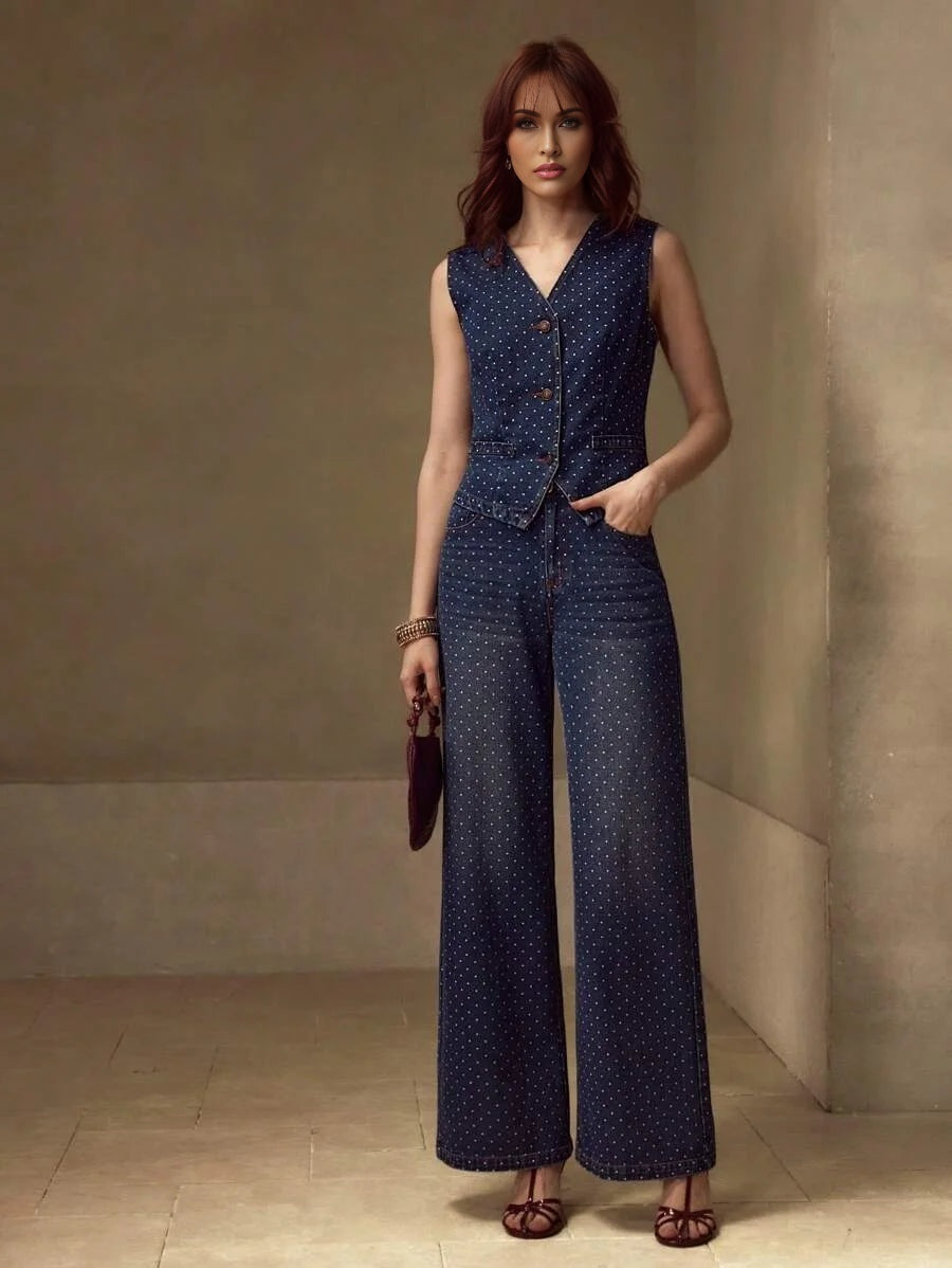 PREMIUM POLKA DOT PRINT BUTTON UP WAISTCOAT amp JEANS DENIM SET