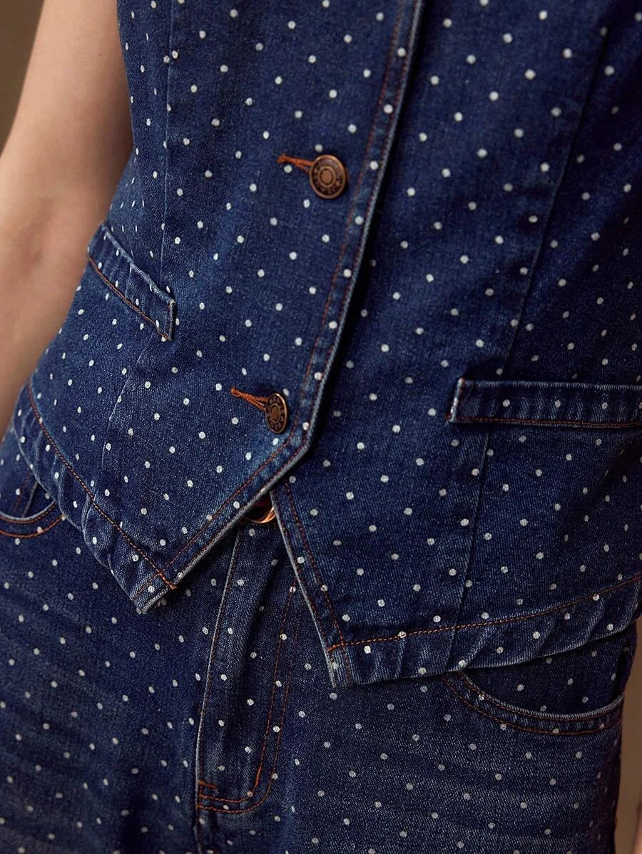 PREMIUM POLKA DOT PRINT BUTTON UP WAISTCOAT amp JEANS DENIM SET