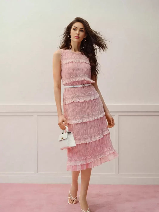 PREMIUM PRESS CREASE RUFFLE HEM DRESS