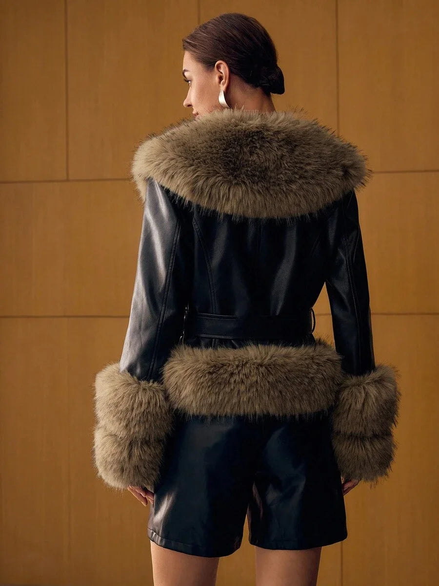 PREMIUM PU LEATHER BELTED FAUX FUR COAT FOR AUTUMN amp WINTER
