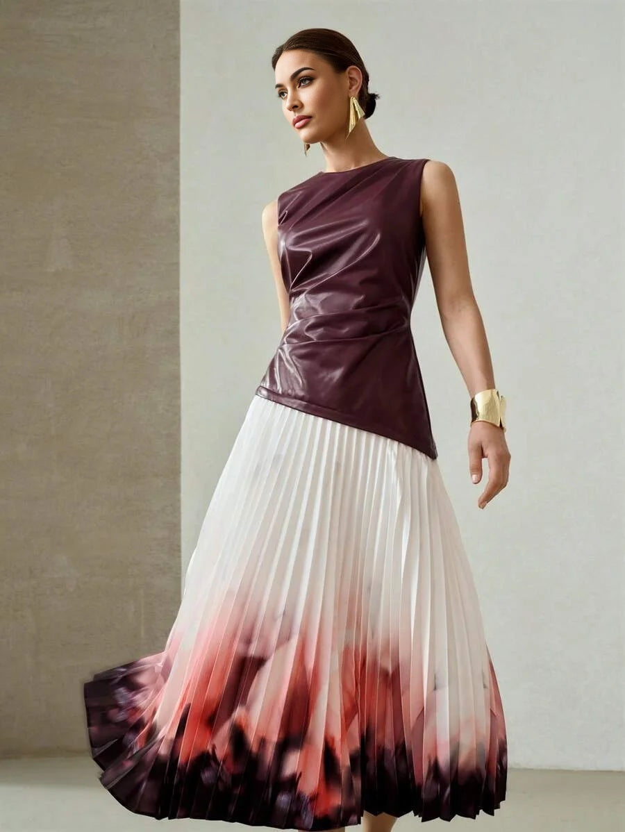 PREMIUM PU LEATHER BODICE OMBRE PRINT PLEATED HEM DRESS