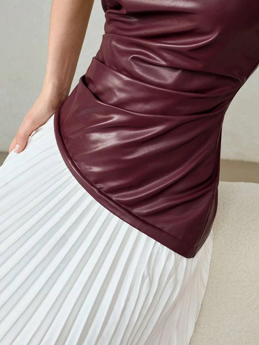 PREMIUM PU LEATHER BODICE OMBRE PRINT PLEATED HEM DRESS