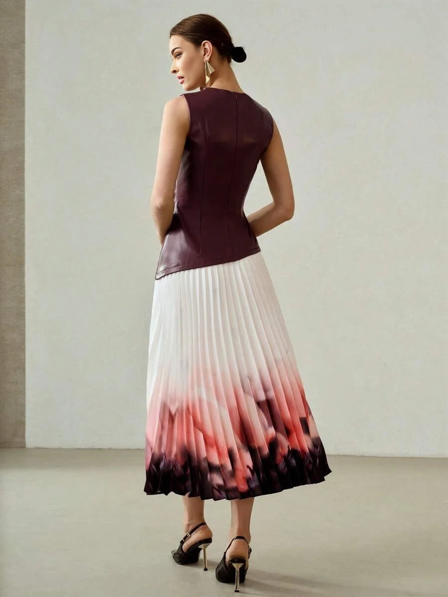 PREMIUM PU LEATHER BODICE OMBRE PRINT PLEATED HEM DRESS