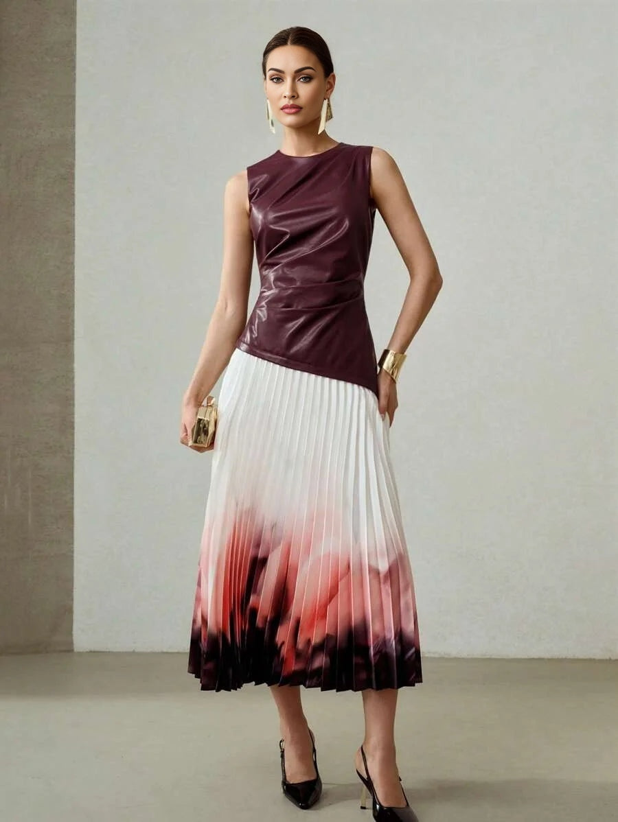 PREMIUM PU LEATHER BODICE OMBRE PRINT PLEATED HEM DRESS