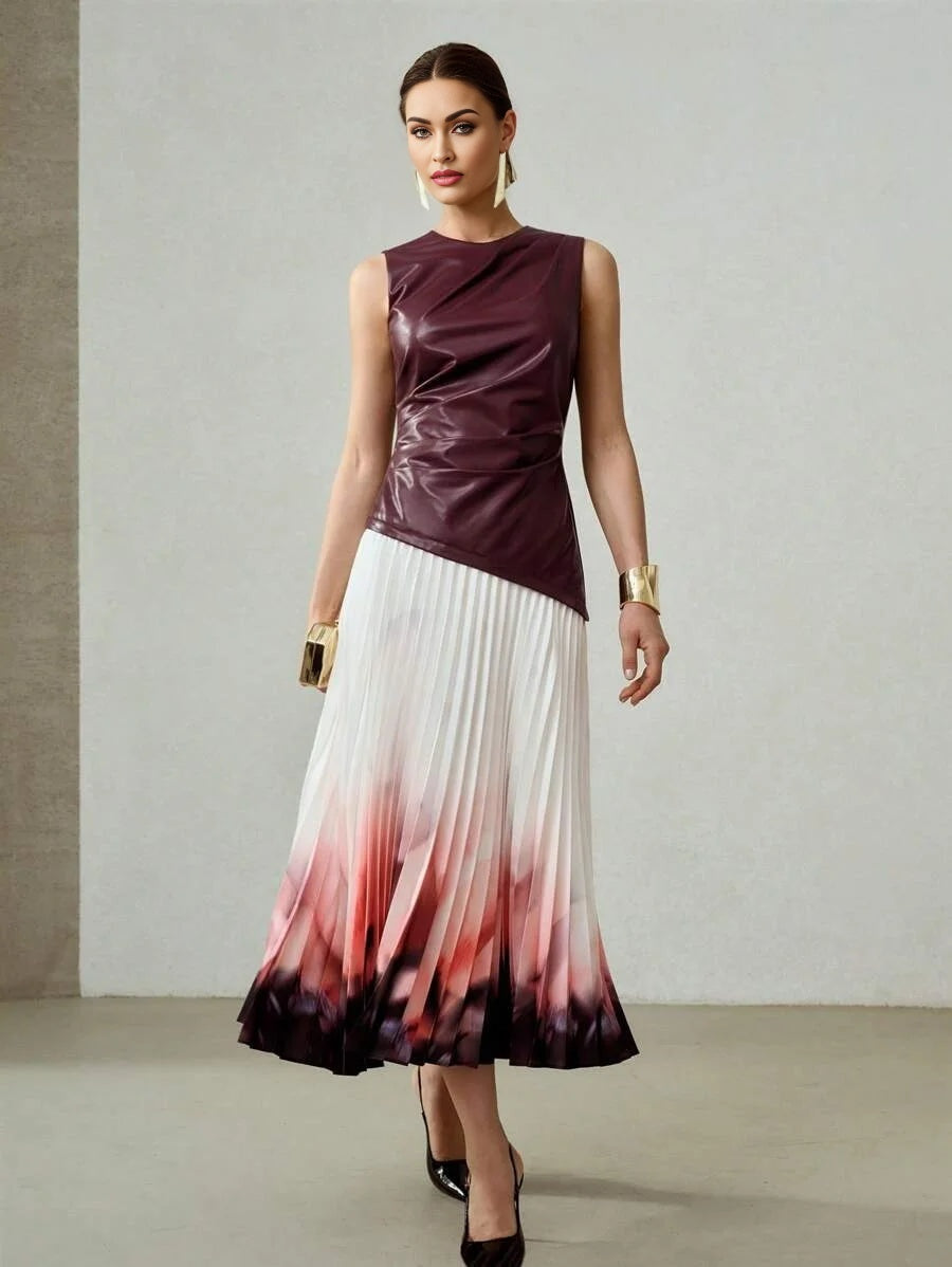 PREMIUM PU LEATHER BODICE OMBRE PRINT PLEATED HEM DRESS
