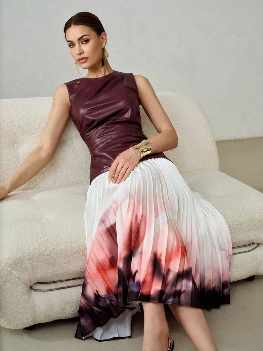 PREMIUM PU LEATHER BODICE OMBRE PRINT PLEATED HEM DRESS