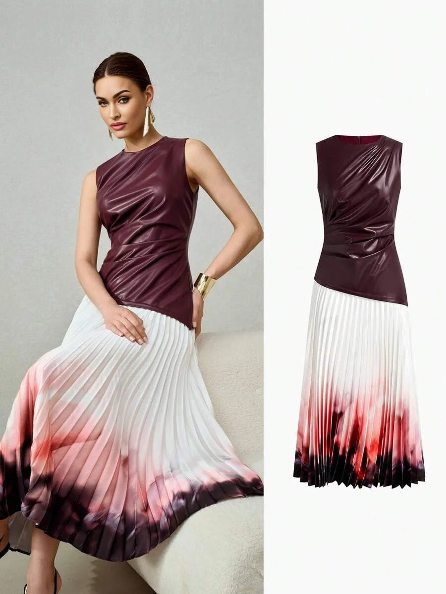 PREMIUM PU LEATHER BODICE OMBRE PRINT PLEATED HEM DRESS