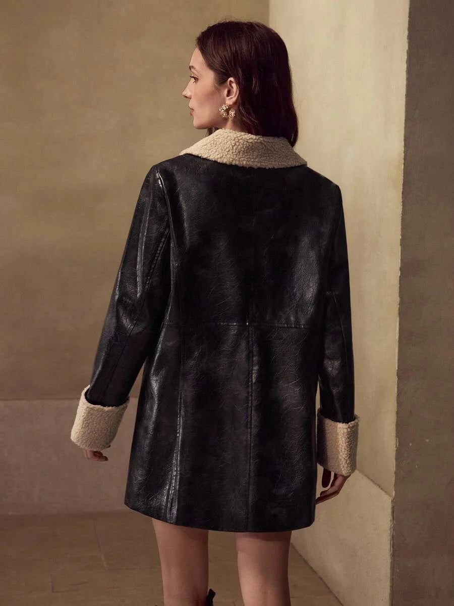 PREMIUM PU LEATHER BUTTON FRONT FAUX FUR COAT