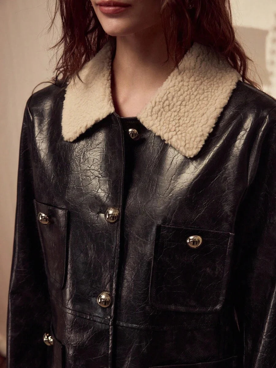 PREMIUM PU LEATHER BUTTON FRONT FAUX FUR COAT