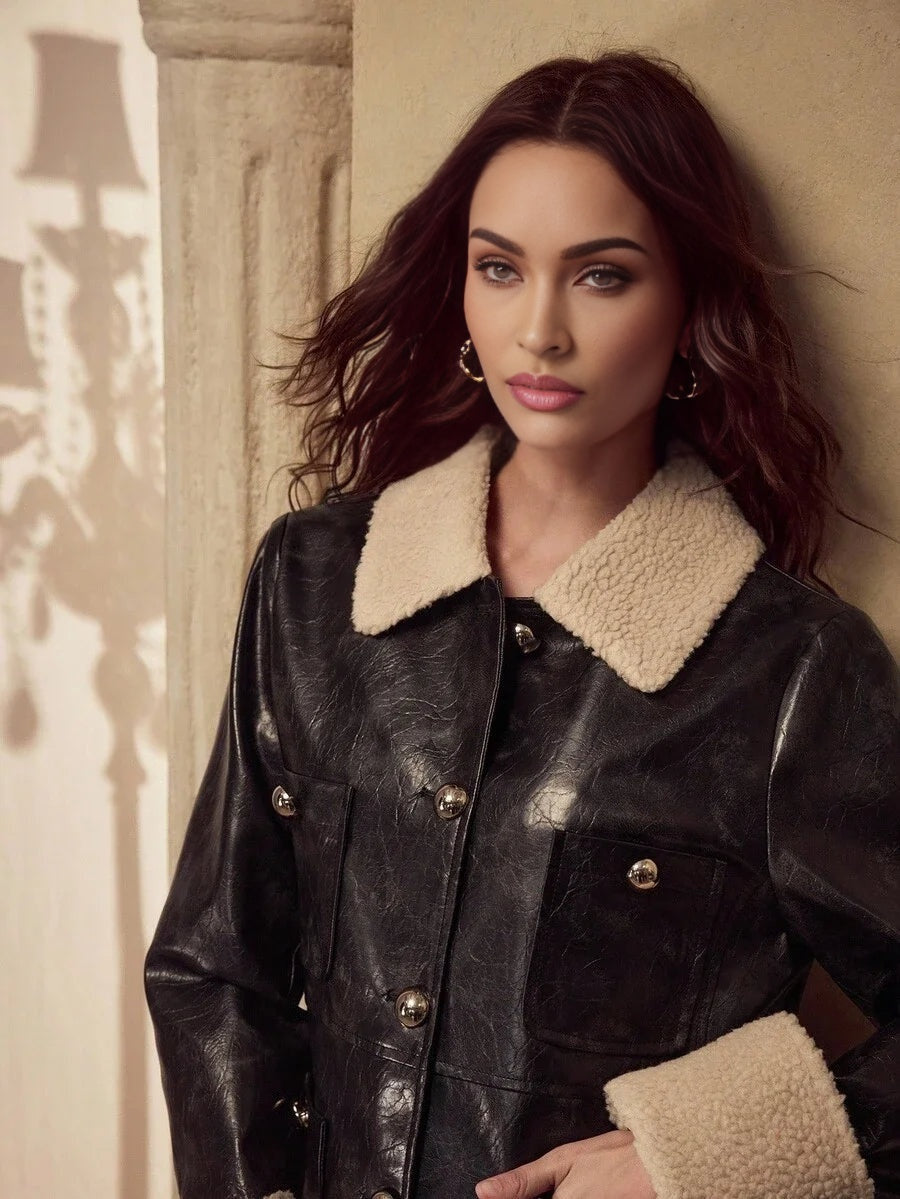 PREMIUM PU LEATHER BUTTON FRONT FAUX FUR COAT