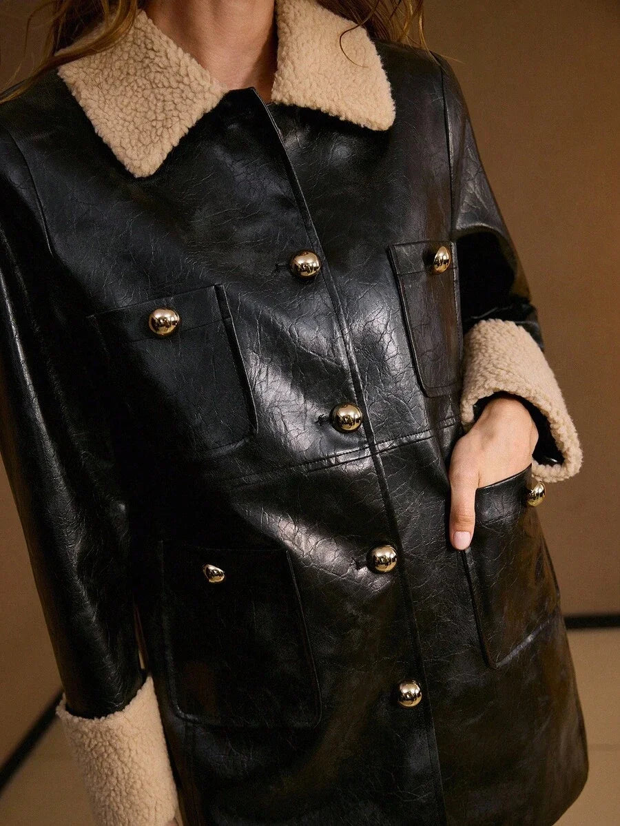 PREMIUM PU LEATHER BUTTON FRONT FAUX FUR COAT