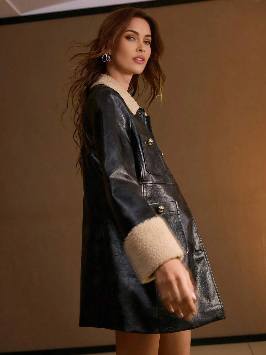 PREMIUM PU LEATHER BUTTON FRONT FAUX FUR COAT