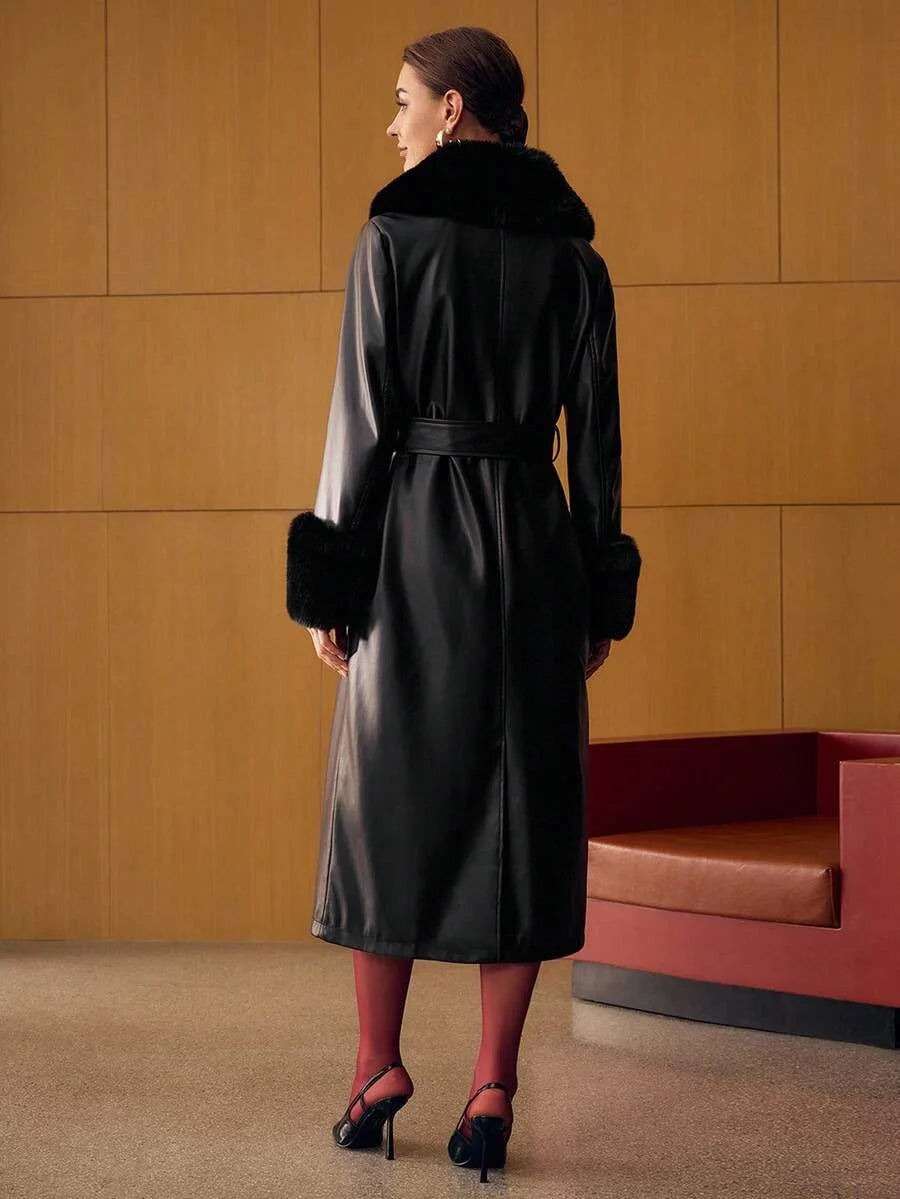 PREMIUM PU LEATHER CONTRAST FAUX FUR BELTED COAT FOR AUTUMN amp WINTER