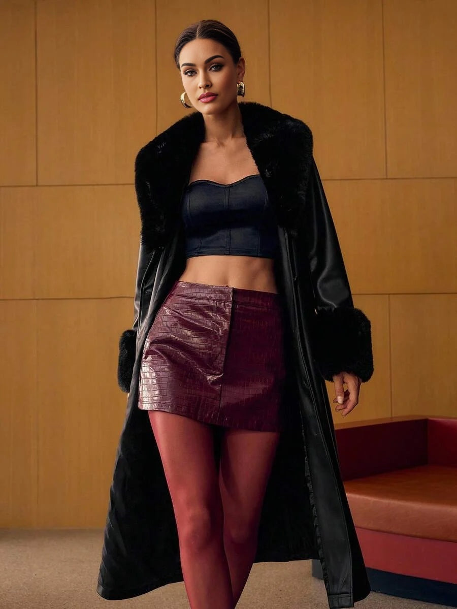 PREMIUM PU LEATHER CONTRAST FAUX FUR BELTED COAT FOR AUTUMN amp WINTER