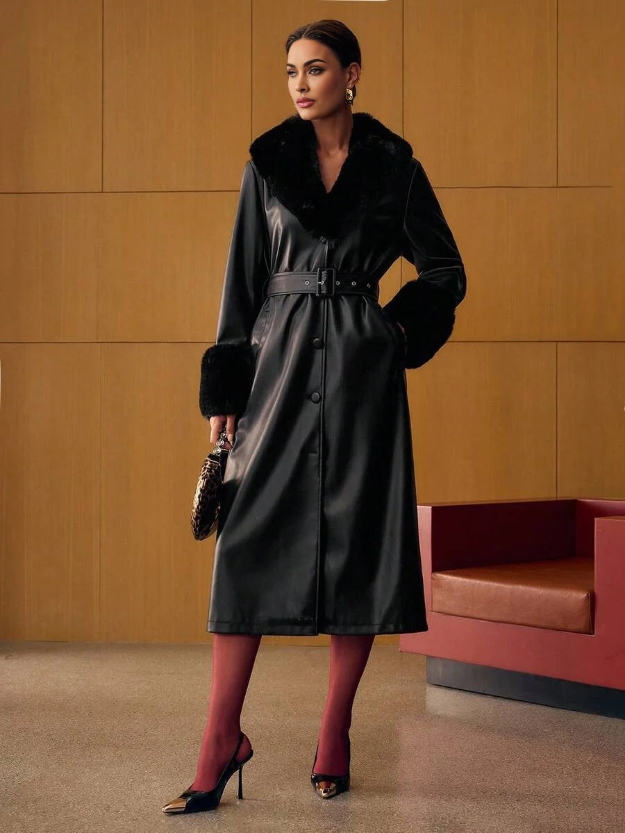 PREMIUM PU LEATHER CONTRAST FAUX FUR BELTED COAT FOR AUTUMN amp WINTER