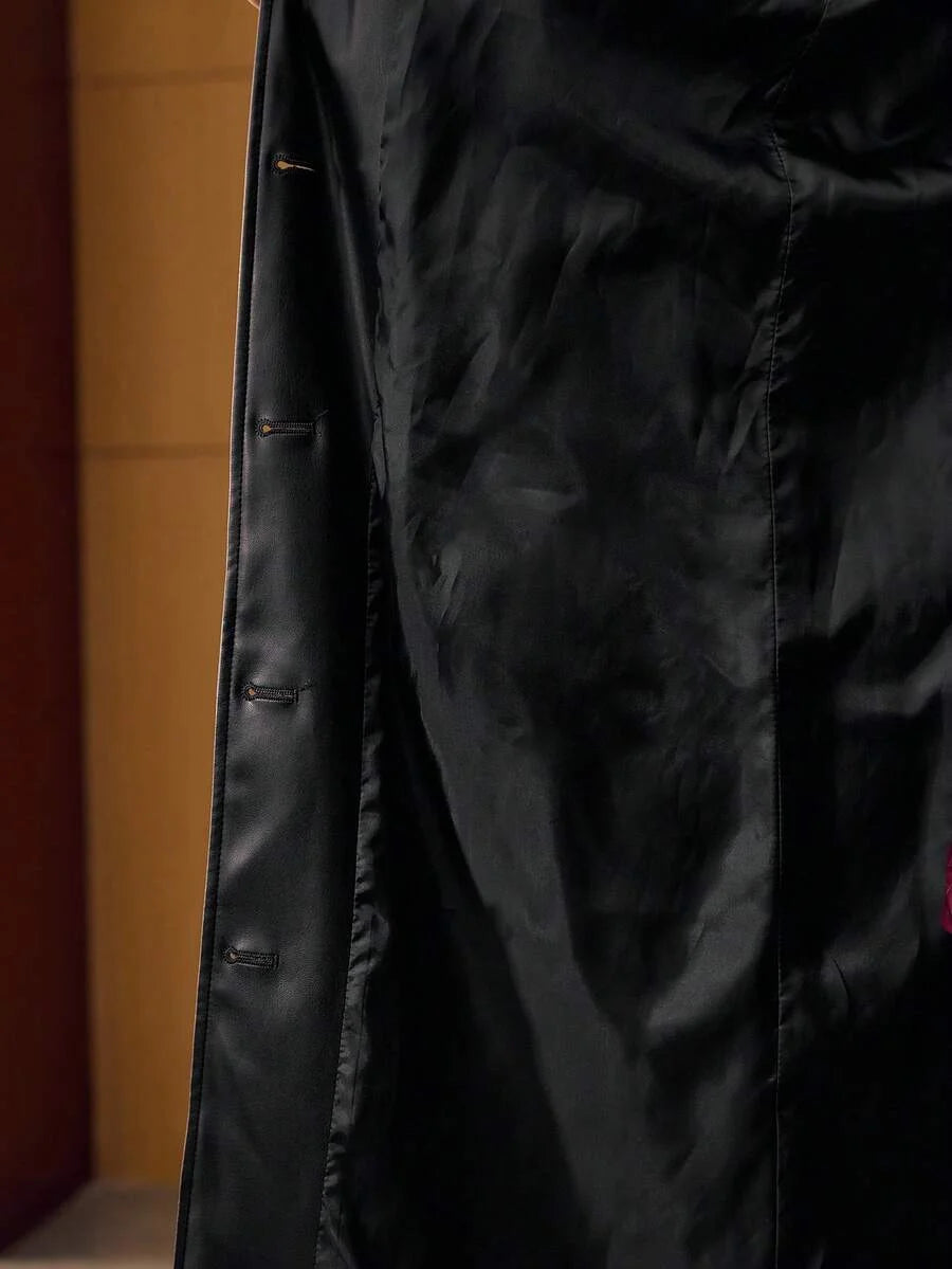 PREMIUM PU LEATHER CONTRAST FAUX FUR BELTED COAT FOR AUTUMN amp WINTER