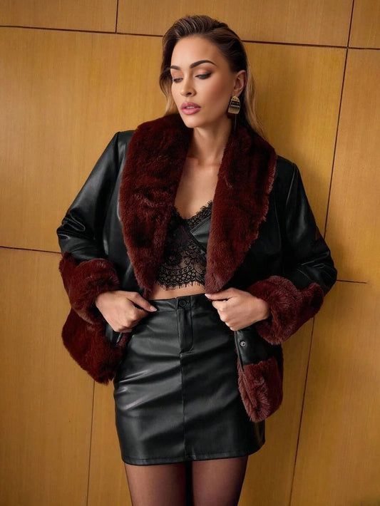 PREMIUM PU LEATHER CONTRAST FUZZY PANEL SHAWL COLLAR BELTED COAT FALL WINTER