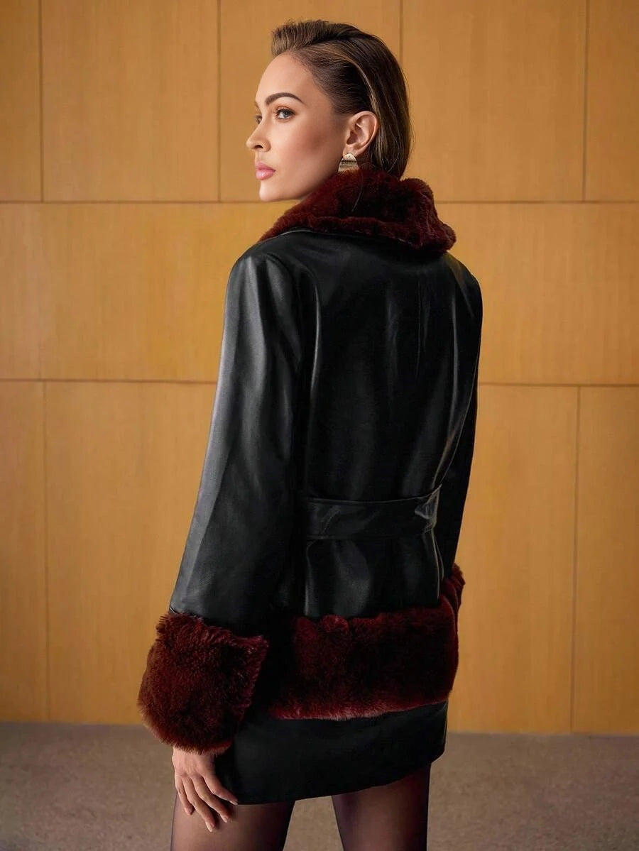 PREMIUM PU LEATHER CONTRAST FUZZY PANEL SHAWL COLLAR BELTED COAT FALL WINTER