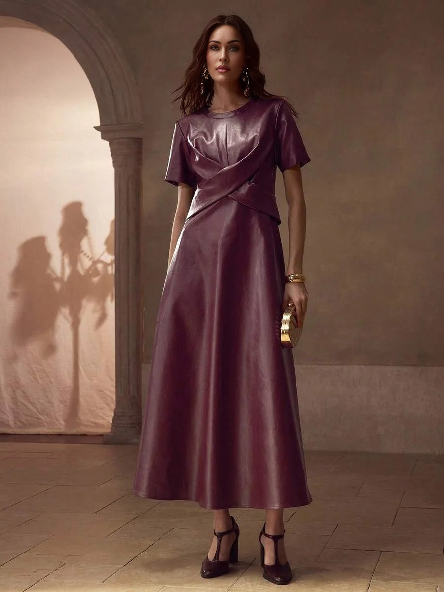 PREMIUM PU LEATHER CROSS WRAP FLOWY HEM DRESS