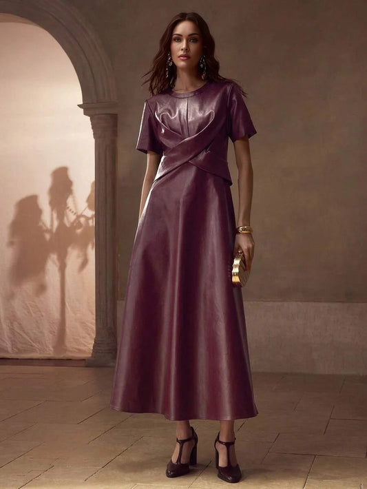 PREMIUM PU LEATHER CROSS WRAP FLOWY HEM DRESS
