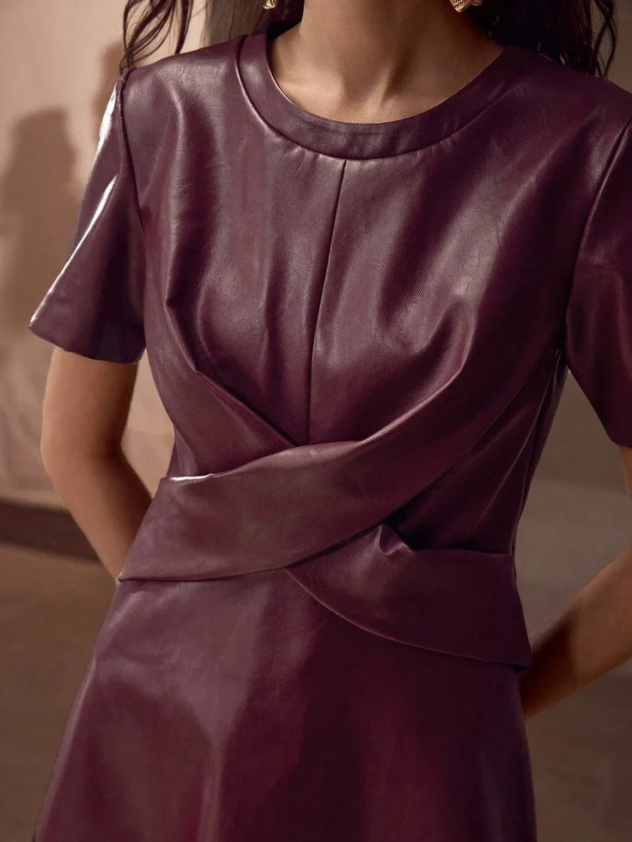 PREMIUM PU LEATHER CROSS WRAP FLOWY HEM DRESS
