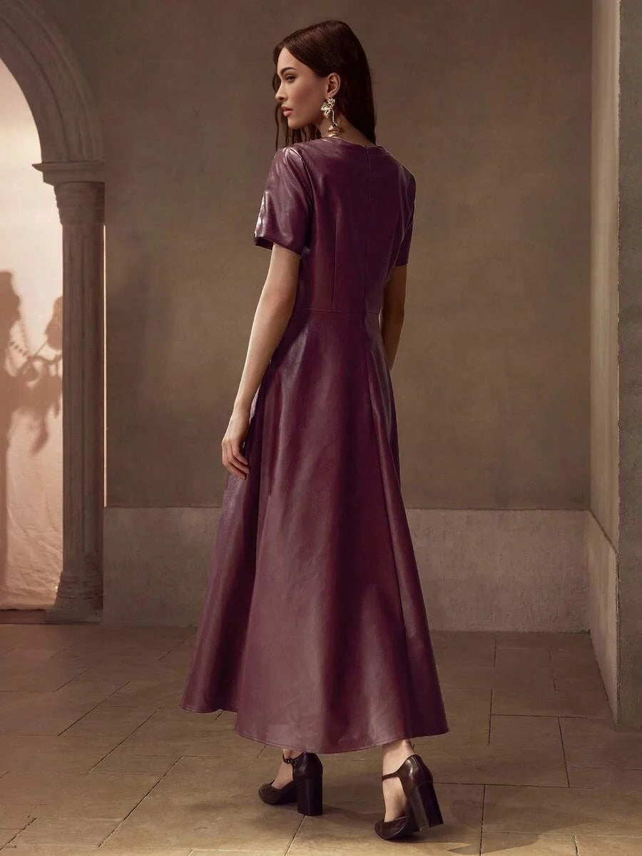 PREMIUM PU LEATHER CROSS WRAP FLOWY HEM DRESS