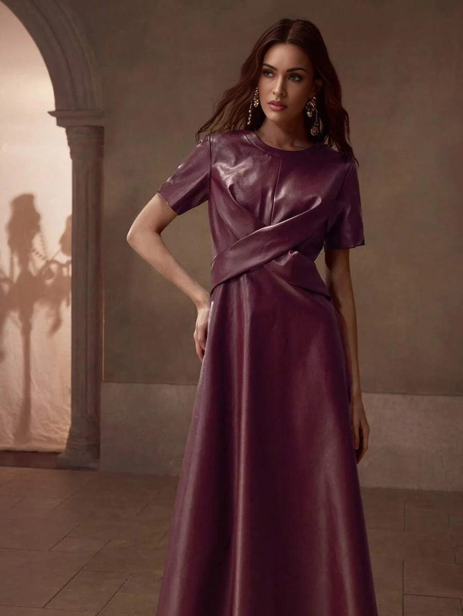 PREMIUM PU LEATHER CROSS WRAP FLOWY HEM DRESS