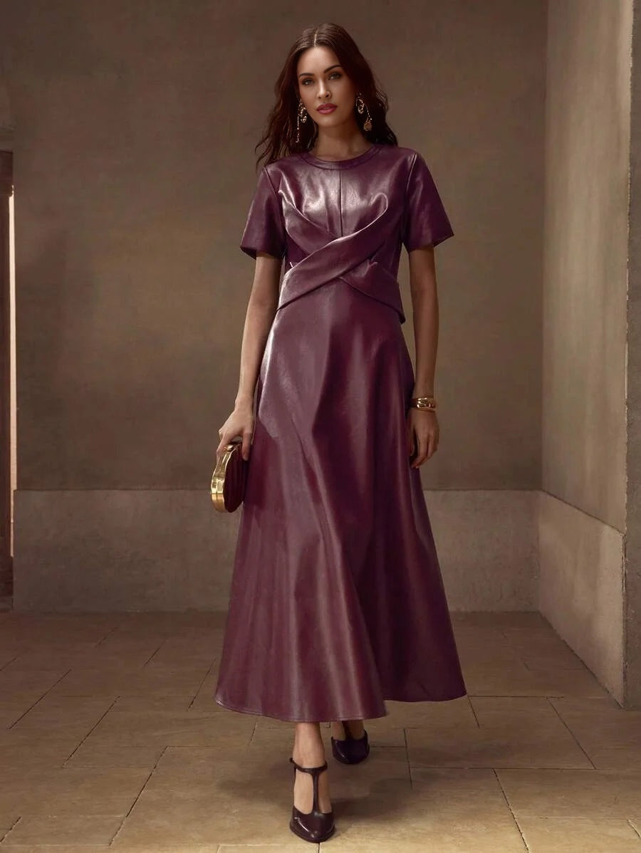 PREMIUM PU LEATHER CROSS WRAP FLOWY HEM DRESS