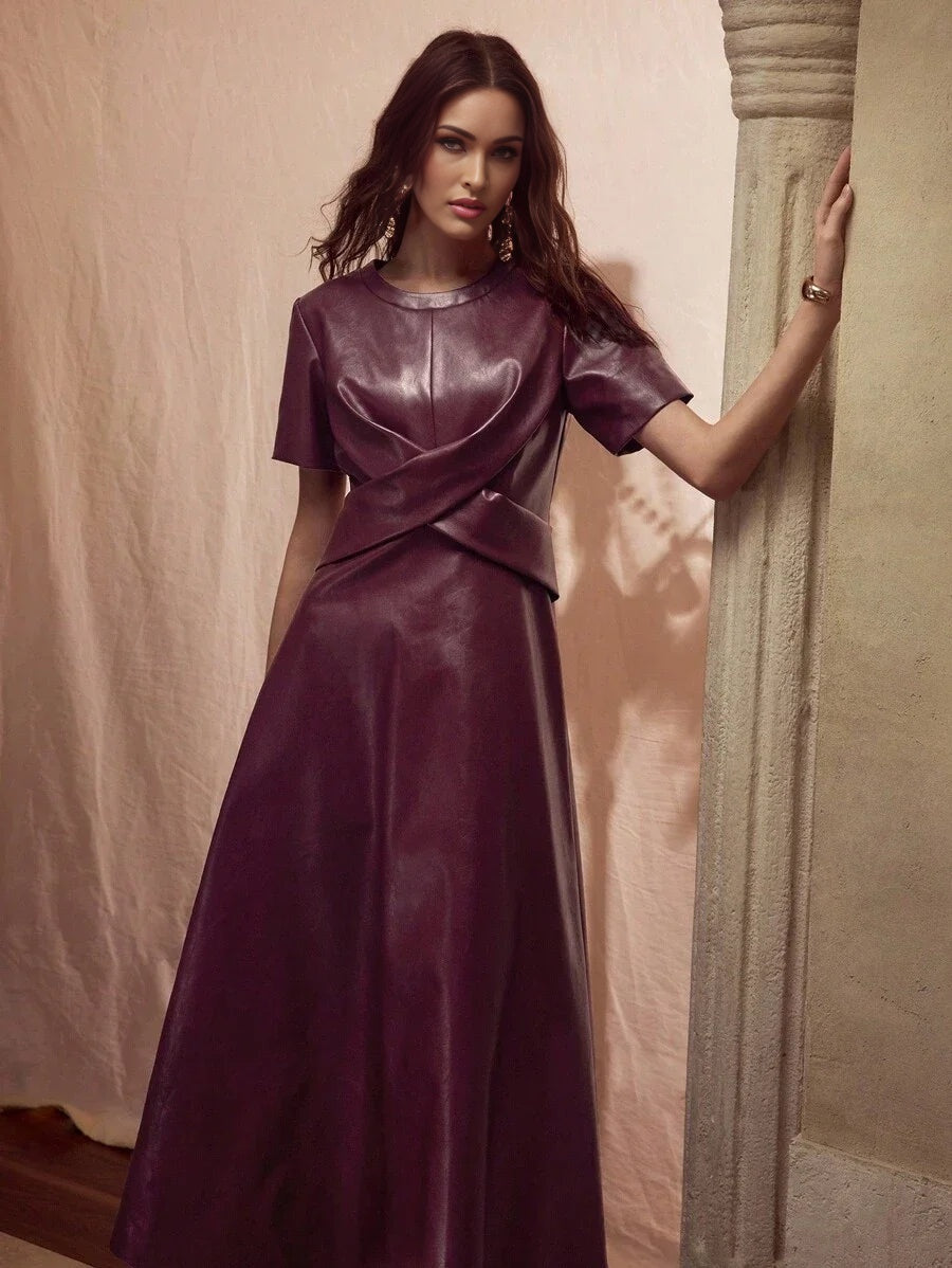 PREMIUM PU LEATHER CROSS WRAP FLOWY HEM DRESS