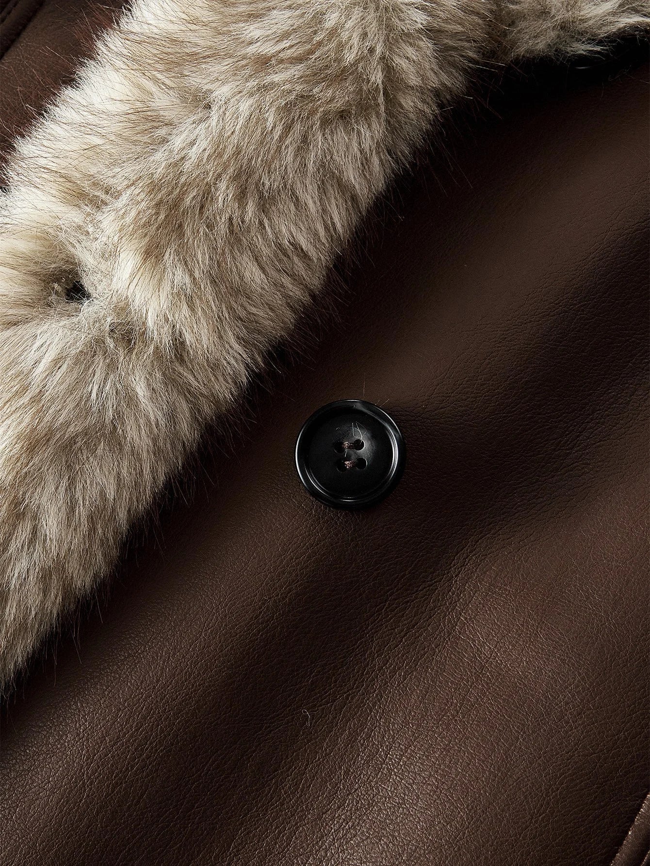 PREMIUM PU LEATHER FUZZY PANEL LAPEL COLLAR SINGLE BREASTED PLACKET BELTED COAT FALL WINTER